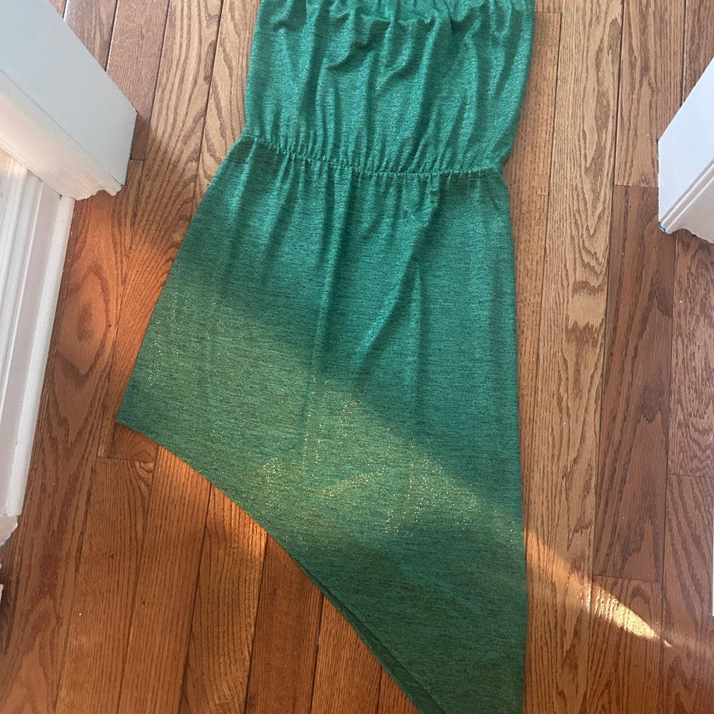 DREW Emerald Green strapless asymmetrical dress.